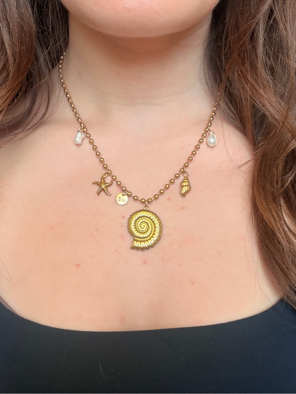 Gold Shell Charm Necklace with Pearl Drops